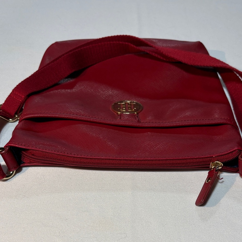 Tommy Hilfiger Red Leather Crossbody Bag Red Canvas Adj Strap - Picture 10 of 13